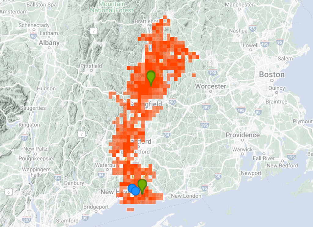 Map of New England Trail corridor with red observation markers stretching from the Long Island Sound to Southern Vermont/New Hampshire