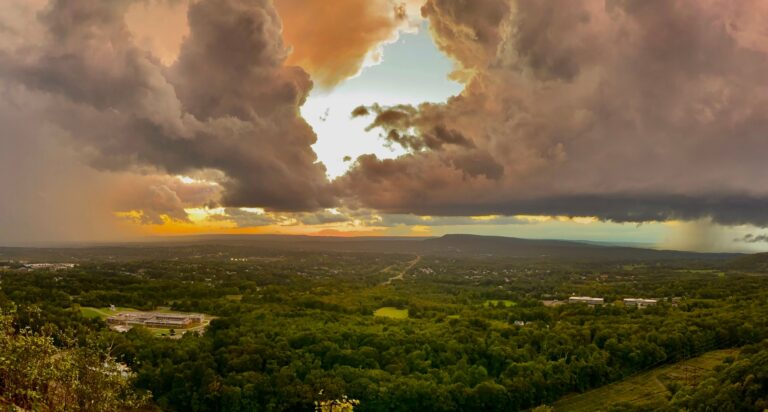 Stormy afternoon with sunset light peeking through.